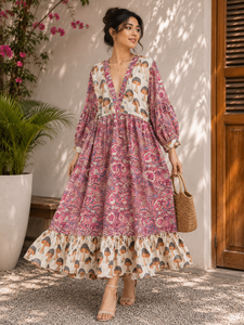Cotton <b>Mushroom</b> Print Lantern Sleeves Ruffle Hem Loose A-Line Summer Casual <b>Dress</b> Boho V-Neck Midi <b>Dress</b> - Product Image 1