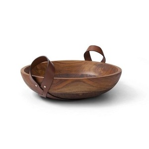 Bol de service en bois avec poignées en cuir, bol en bois d'acacia, bol en bois fait main, article cadeau fait main - Product Image 5