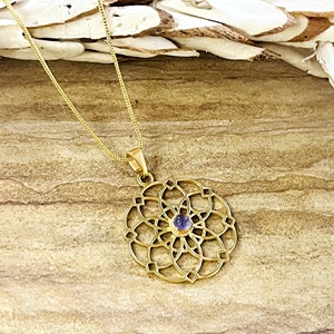 High Quality Boho Floral <b>Amethyst</b> <b>Pendant</b> Ethnic Brass Jewelry Women 18k Gold Plated Sacred Geometry Mandala Wholesale OEM ODM - Product Image 3