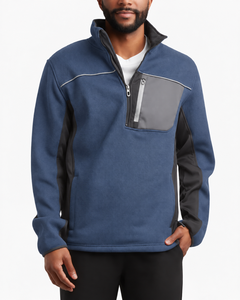 Suéter de punto con cremallera de un cuarto de cuello para hombre TESSUTO, color azul acero, con paneles laterales negros, bolsillo en el pecho gris y ribetes plateados, jersey de golf. - Product Image 1