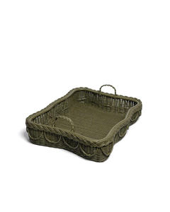 Bandeja rectangular de ratán verde oliva, plato de servir de mimbre hecho a mano con elegante borde festoneado para decoración de mesa. - Product Image 1