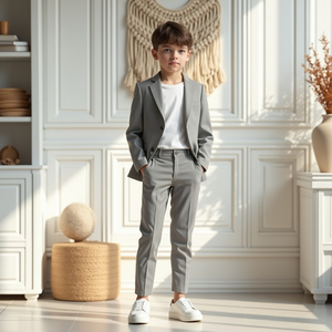Custom Boys Light Grey 2 Piece Suit Formal Wedding Party <b>Ring</b> Bearer <b>Kids</b> Blazer Pants Set - Product Image 1
