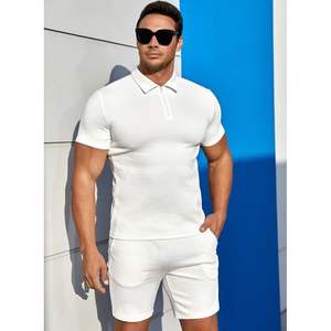 2025 hommes décontracté à manches courtes Polo Shorts ensemble couleur unie géométrique Texture 2 pièces tricoté tenues été survêtements - Product Image 1