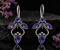 Boucles d'oreilles pendantes en pierre violette pour femmes |   Boucles d'oreilles tendance bohèmes ethniques en laiton fait main, argent oxydé