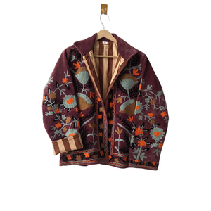Handmade Women Velvet <b>Quilted</b> Jacket Winter Wear Vintage Suzani Embroidered Maroon Regular Coat Breathable Eco-Friendly Floral - Product Image 1