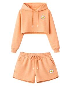 Ensemble décontracté deux pièces pour femme : crop top à capuche et short, broderie marguerite, en molleton de coton, vêtements de détente, vente en gros fabricant - Product Image 1