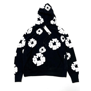 Sudadera con Capucha Negra para Hombre con Estampado Circular Blanco, Corte Holgado, Informal, de Algodón Tejido, para Otoño - Product Image 1