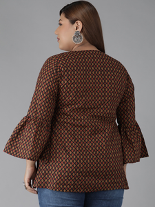 Women's <b>Plus</b> <b>Size</b> Cotton Geometrical Printed Regular A LINE Kurti Round Neck Flared Sleeve Black Casual Ethnic Wear Wholesale - Product Image 3