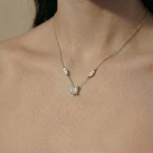 18K Yellow Gold Lab Grown Diamond <b>Emerald</b> Cut <b>Pendant</b> Necklace | Luxury Large Rectangle Diamond with Marquise Accents | Elegant - Product Image 3