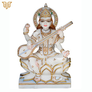 Statue de la déesse Saraswati en marbre avec vénale, instrument de musique |   Statue de Saraswati en marbre blanc |   Élégante statue de Saraswati Mata pour le temple et la maison - Product Image 2