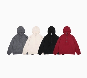 Pull à capuche en tricot pour homme, couleur unie, boutons sur le devant, décontracté, manches longues, coupe classique, vêtements d'automne - Product Image 1