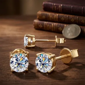 Pendientes de tuerca de moissanita con engaste de bisel de corte brillante clásico de 3mm-10mm, de plata de ley 925 chapada en oro y rodio, certificados VVS, de lujo - Product Image 6