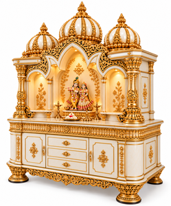 Grand Temple Hindou en Bois Sculpté à la Main pour Maison de Luxe, Armoire de Prière Hindoue Artisanale Or et Blanc avec 3 Tiroirs - Product Image 3
