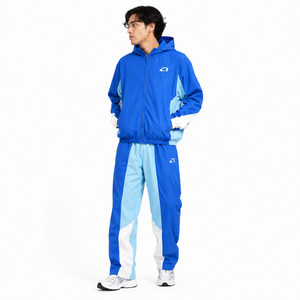 Survêtement unisexe bleu uni à blocs de couleur, à capuche, manches longues, pantalon décontracté sportif avec cordon de serrage, respirant, 100 % coton épais - Product Image 3