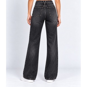 Vaqueros de mezclilla de cintura alta para mujer, corte bootcut, con inserciones de diamantes en el tobillo, color negro lavado, al por mayor - Product Image 3