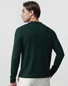 T-shirt à manches longues pour homme, vert foncé, col rond, coupe classique, décontracté, en coton tricoté respirant, haut uni de haute qualité - Product Image 2