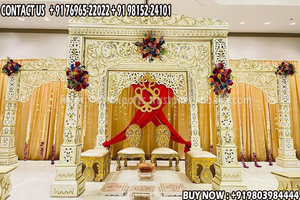 Mandap สไตล์ Grand maharaja สำหรับงานแต่งงานในเอเชียใต้ดีไซน์มันแวกสีทองสำหรับงานแต่งแบบดั้งเดิม - Product Image 5