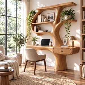 Escritorio de Madera Natural Sólida Hecho a Mano, Estilo Contemporáneo, Montado en la Pared, con Estantes en Forma de Árbol y Cajón para Oficina en Casa - Product Image 5
