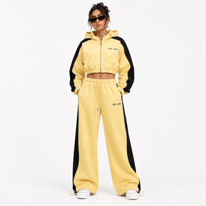 Ensemble de survêtement ONE APEX pour femme, comprenant un sweat à capuche court jaune beurre et un pantalon large à cordon de serrage en coton premium, style urbain - Product Image 1