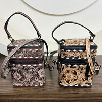 Tendance Western usiné à la main en cuir de vache cosmétique vanité étui avec poignée et sangle femmes voyage beauté cosmétique maquillage organisateur