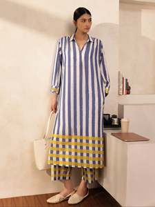 Robe décontractée rayée à manches trois quarts, coupe ample, avec bordure contrastée et col rabattu, tenue d'été, belle robe - Product Image 5