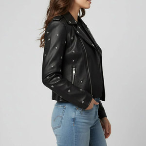 Veste en cuir d'agneau véritable pour femme, style motard, coupe courte, tendance automne, vente en gros - Product Image 4