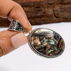 Pendentif en coquille d'ormeau et pierres précieuses, argent sterling 925, fait main, bijoux bohèmes, cadeau pour femmes et filles - Product Image 1