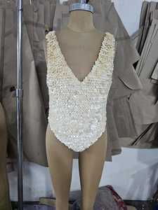 Handmade White Shell <b>Sequin</b> & Feather Lace <b>Bodysuit</b> 100% Silk Sexy Club Swimwear Premium Quality - Product Image 4