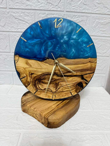 Olive Wooden and Epoxy Resin Quartz <b>Wall</b> <b>Clock</b> Coastal Design Personalized <b>Clock</b> with Golden <b>3D</b> Numerals and Silent Operation - Product Image 4