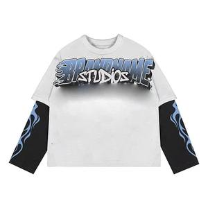 เสื้อยืดแขนยาวผู้ชายแบบสองชั้นทรงโอเวอร์ไซส์ สไตล์สตรีทแวร์ ลายกราฟิกตัวอักษรแบบดิสเทรส ผ้าวอร์สเตด ฮิปฮอป ผ้าฝ้าย 100% - Product Image 6