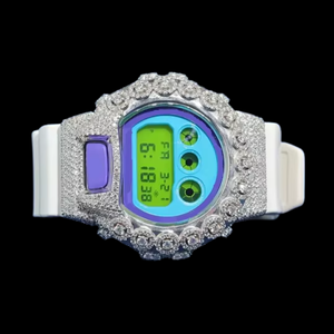 Reloj digital de moda estilo hip hop con bisel plateado, correa blanca, esfera colorida y piedras brillantes. Reloj de pulsera unisex. - Product Image 1