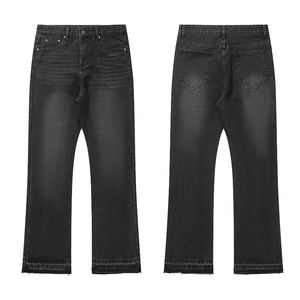 Jean en coton délavé foncé pour femme, coupe droite, cinq poches, longueur complète, taille mi-haute, décontracté, pour l'automne, bords effilochés, fermeture boutonnée - Product Image 1