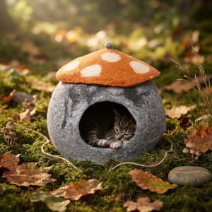 Cute Mushroom Shape Wool Felt Cat <b>Bed</b> Cave Soft Round Indoor Pet House for Cats All Seasons Hand Wash Only - Product Image 5