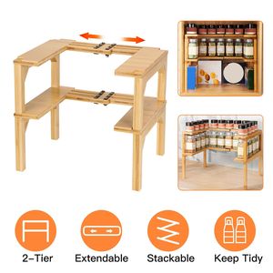 2-Tier Expandable Bamboo <b>Spice</b> <b>Rack</b> <b>Kitchen</b> Storage Seasoning Organizer Cabinet Stackable and Extendable <b>Spice</b> Jar <b>Rack</b> - Product Image 1