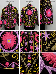 เสื้อแจ็คเก็ตคอปกแมนดารินกำมะหยี่สีดำพร้อมงานปักลายดอกไม้สีชมพูสีม่วงแขนยาวมีซิปปิดเสื้อแจ๊กเก็ตฤดูใบไม้ร่วงของผู้หญิง - Product Image 5