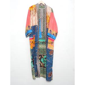 100% Pure Silk Patchwork V-neck Sari Kimono <b>Robe</b> Light Weight Vintage Soft Breathable Quick Dry <b>Beach</b> Party Gown Indian Women's - Product Image 1