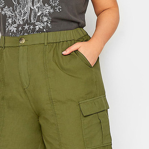 Shorts Cargo de Cintura Alta para Mujer, Verde Oliva, Lona de Algodón, Bolsillos Casuales, Cintura Elástica, Corte Regular, Lavado, Cierre de Botones, Secado Rápido - Product Image 2