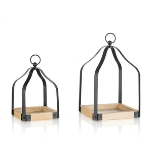 Juego de Faroles Rústicos de Metal con Alambre Abierto, Madera Envejecida y Arcos Negros para Crear un Atractivo Adorno de Estilo Rústico - Product Image 3