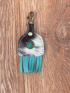 Porte-clés en cuir de vachette fait main porte-clés en cuir de forme exotique mignon porte-clés en cuir de vachette turquoise à franges pour unisexe - Product Image 4