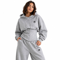 Ensemble coordonné personnalisé par le fabricant pour femme, comprenant un sweat à capuche court gris style corset et un pantalon de survêtement palazzo à jambe large en molleton épais
