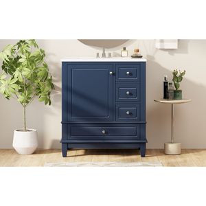 Mobile da Bagno Blu da 30 Pollici con Lavabo, Una Porta e Ripiano, Tre Cassetti con Chiusura Ammortizzata - Product Image 1