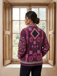 Veste bomber en velours épais, brodée à la main, style Suzani, écologique, respirante, séchage rapide, col montant, motif uni, pour femme. - Product Image 4