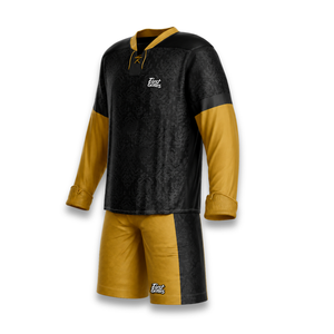 Custom Ice Hockey Jersey Set Sublimated Full Sleeve <b>Moisture</b> Wicking Men's Uniform Black Gold Geometric Pattern - Product Image 3