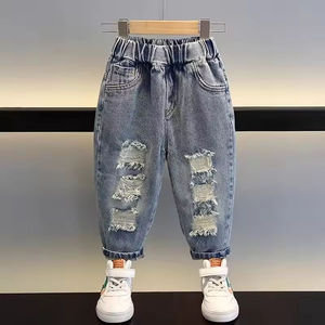 Pantalon en jean extensible de haute qualité pour garçons, style décontracté, coupe droite, taille mi-haute, délavé, blanc, pour tout-petits et enfants - Product Image 3