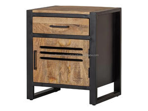 Modern Industrial Wooden <b>Bedside</b> Table with Drawer Metal Frame Nightstand <b>Storage</b> Cabinet for Bedroom Living Room - Product Image 2