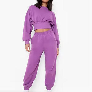 Conjunto de Sudadera Corta Morada Oversize con Mangas Farol, Color Sólido, Casual, Unisex, para Otoño - Product Image 1