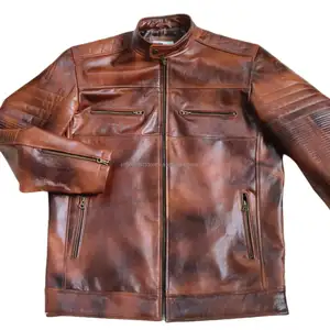 Jaket Puffer kulit cokelat asli untuk pria Vintage kualitas tinggi gaya pengendara sepeda klasik kasual Outdoor Hiking Royal Look jaket