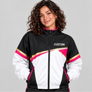 Veste coupe-vent pour femme, noire et blanche, à blocs de couleur, avec rayures roses et jaunes, entièrement zippée, à capuche, design unique, pour commandes de boutiques - Product Image 1