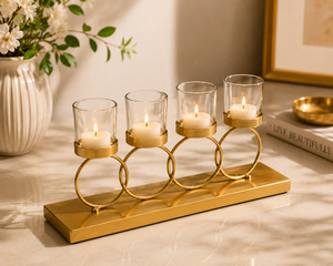 Premium Gold Tealight Candle Holder with Glass <b>Cups</b> – Modern Table Centerpiece 4-Candle Tealight Holder for Living Room & Dining - Product Image 3