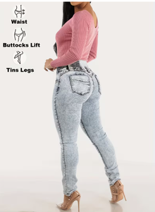Jeans de Mezclilla Lavados a la Piedra de Cintura Alta y Corte Regular TRIBON SPORTS para Mujer, Estilo Casual de Longitud Completa con Bolsillos Decorativos, Color Azul Claro - Product Image 2